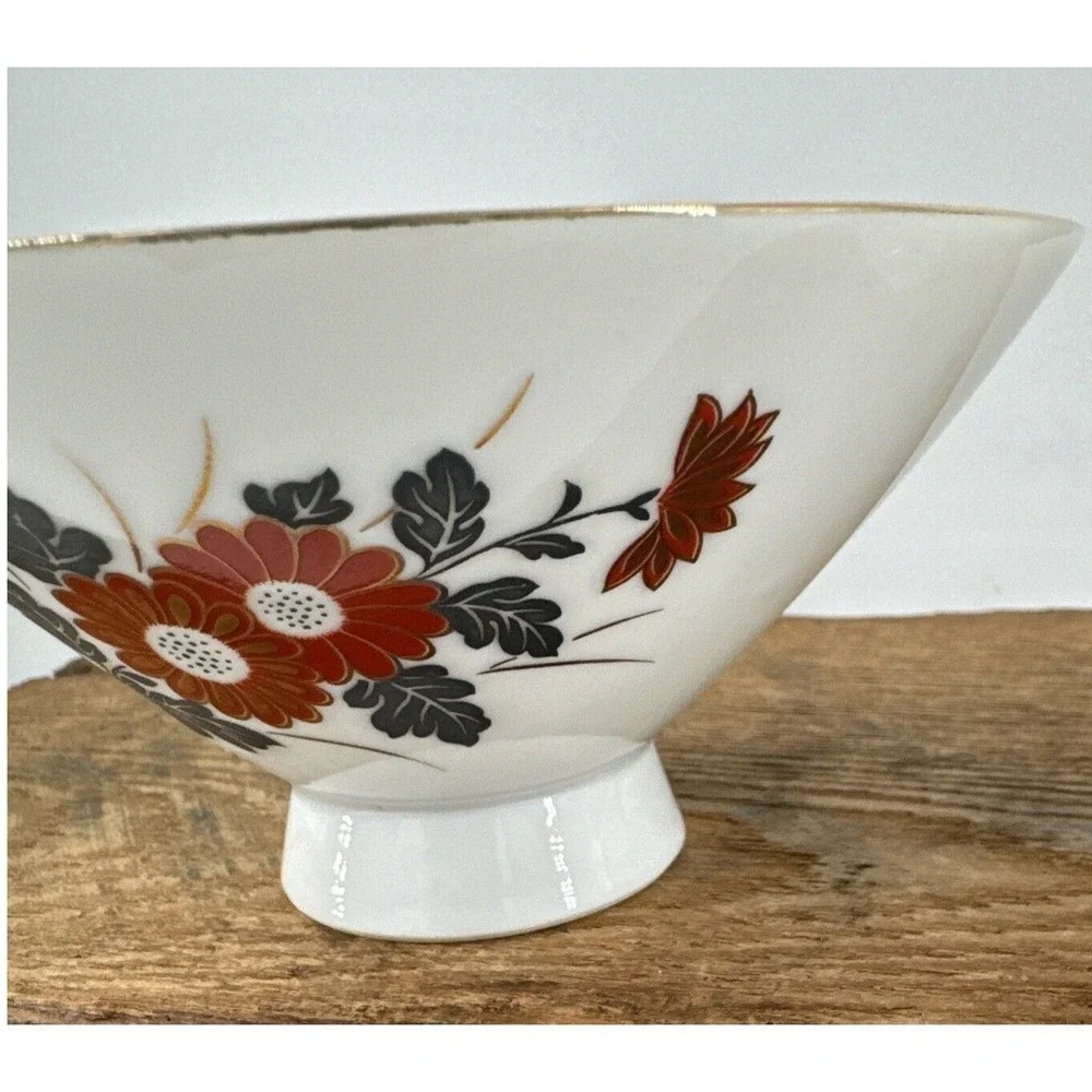 Rice Bowls Set of 4 Japanese Porcelain Vintage Red Poppy Floral Gold‎ Trim